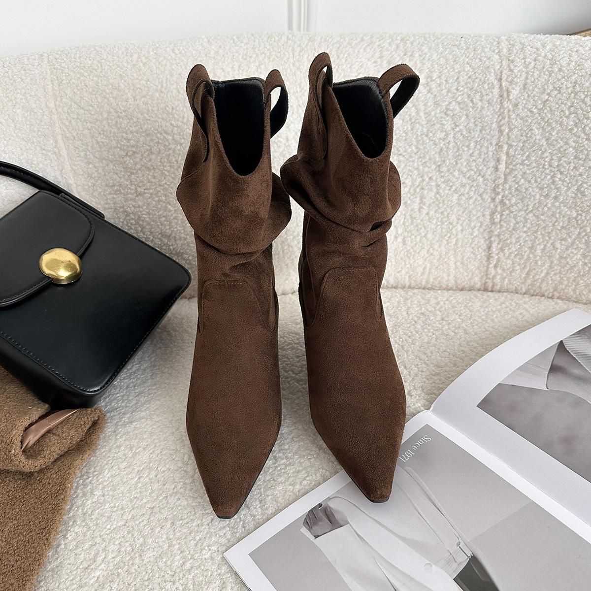 

258-2 ретро простые ковбойские сапоги женские 2025 весна и осень новые остроносые на толстом каблуке плиссированные короткие рыцарские сапоги 40 коричневый