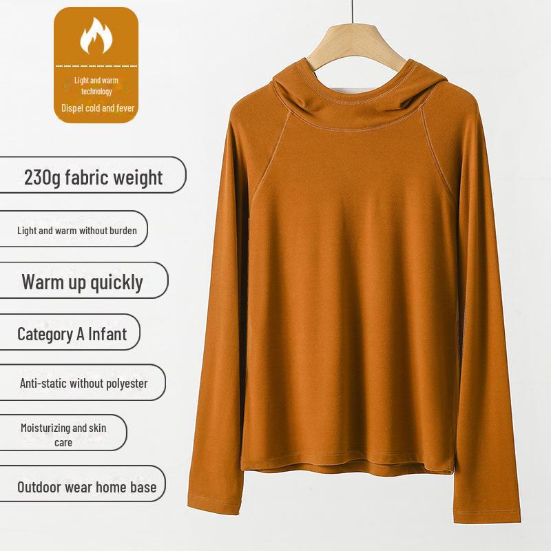Women's Warm Ginger Velvet Hoodie: Versatile Spring/Autumn Solid Color Top