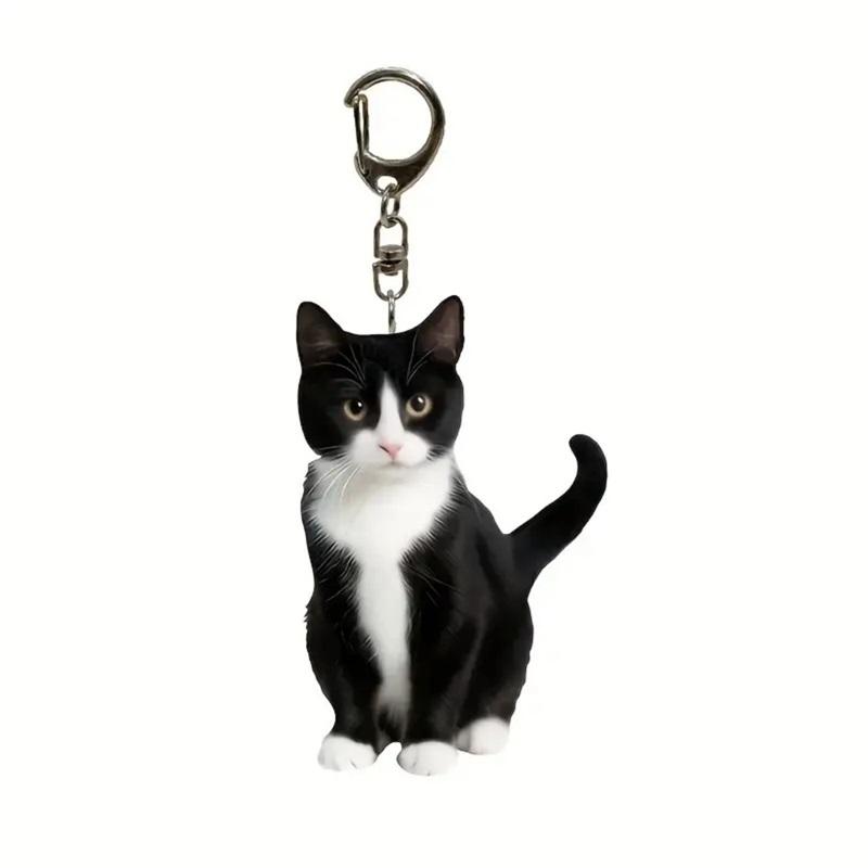 Acrylic Black and White Tuxedo Cat Keychain Reversible Design Pet Keychain Charm for Backpacks