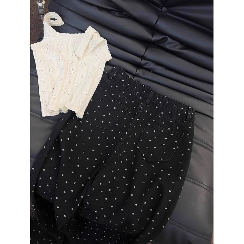 Black Straight Wide-leg Pants Women's Versatile Loose and Thin Trousers Retro Small Flower Polka Dot High Waist Versatile Jeans Women