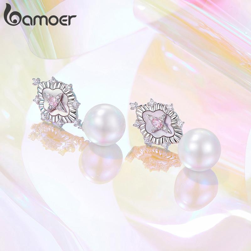 BAMOER Starlight Pink Shell Earrings for Women Trendy White Gold Plated Pearl Drop Dangle Earrings Wedding Party Daily Jewelry