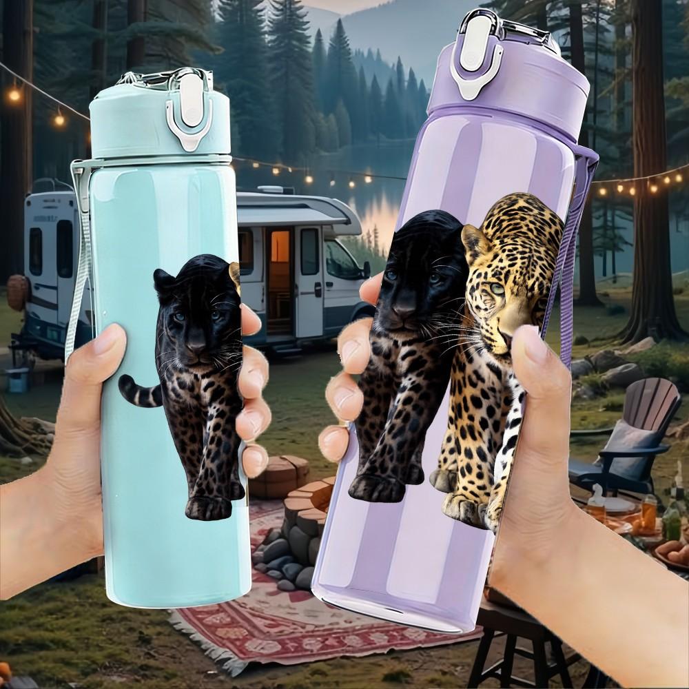 1PC Black Leopard Cat Standing Animal Print 750ml Color Plastic Sports Water Bottle Leakproof Flip Straw Lid Suitable for Sports Office Home Use