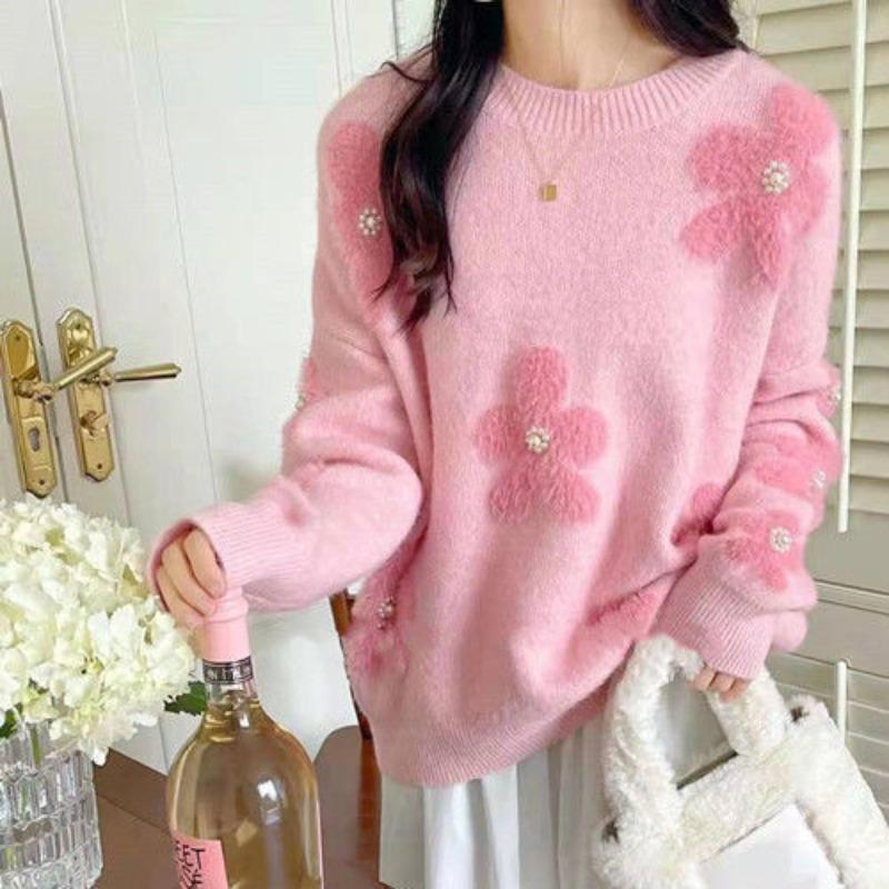 Milk Blue Soft Sweater Women's Fall and Winter Beaded Flowers Design Sense of Niche Fashion Foreign Sweet Comfortable and Versatile