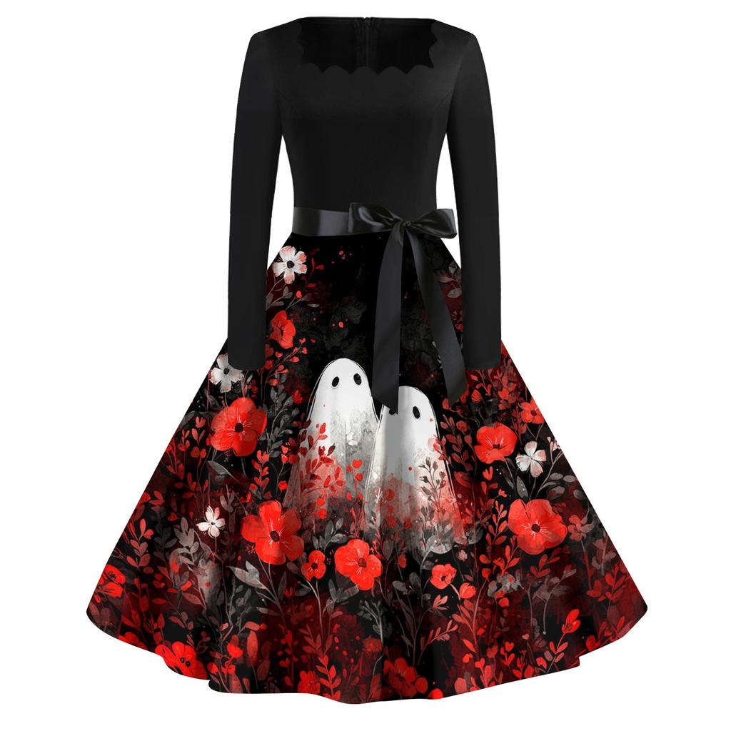 Women's Casual Vintage Halloween Print Square Neck Long Sleeve Dress with Waist Bow Tie Retro Style Flared Skirt