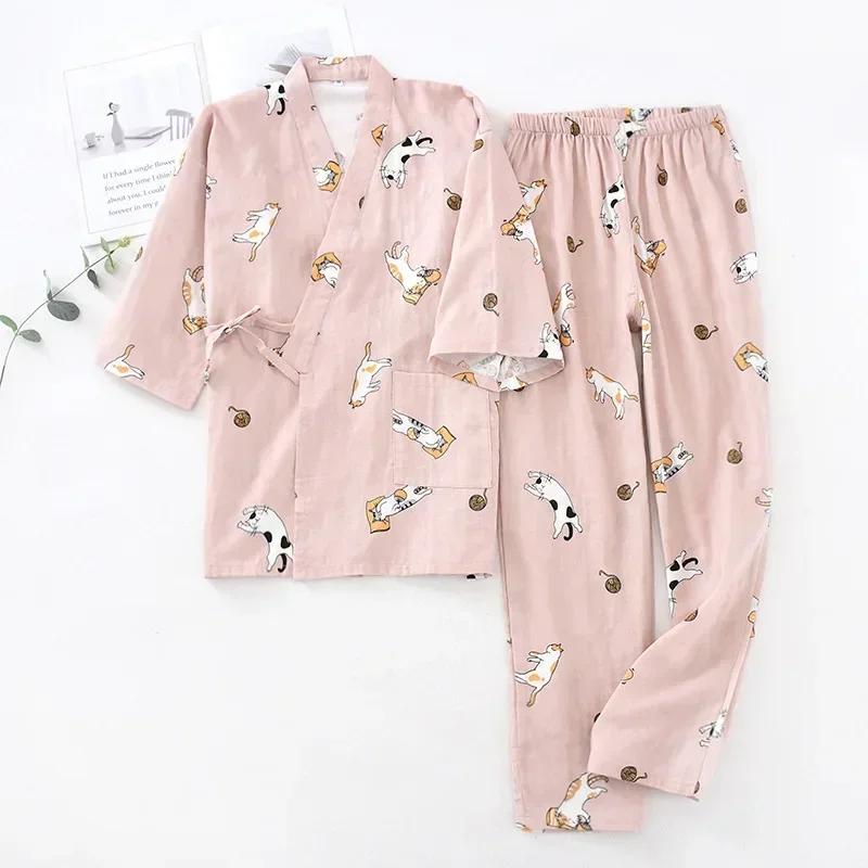 Yedi Kollu Kimono Pijama Seti Kadın İlkbahar ve Sonbahar %100 Pamuk Gazlı Bez Ev Giyim Şirin Tatlı