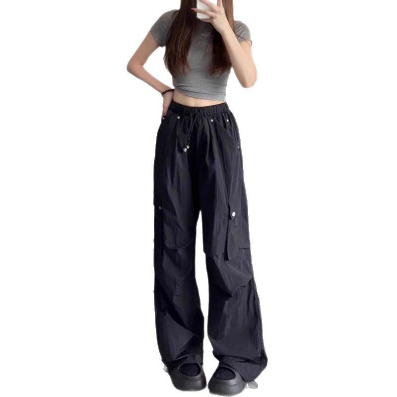 Women's High-Waist Cargo Pants: 2025 American Design, Drawstring, Floor-Length, Loose Fit Casual Trousers