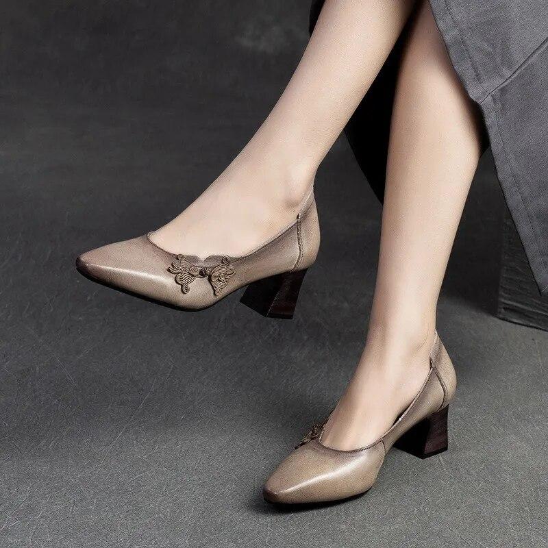 Johnature Scarpe con tacco alto a punta stile etnico Scarpe da donna con décolleté poco profonde in vera pelle retrò versatili