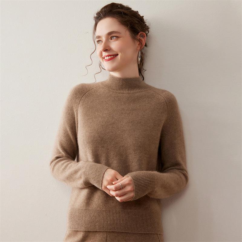 Women's Cashmere Knit Half-High Neck Raglan Sleeve Sweater – Autumn/Winter Base Layer Top