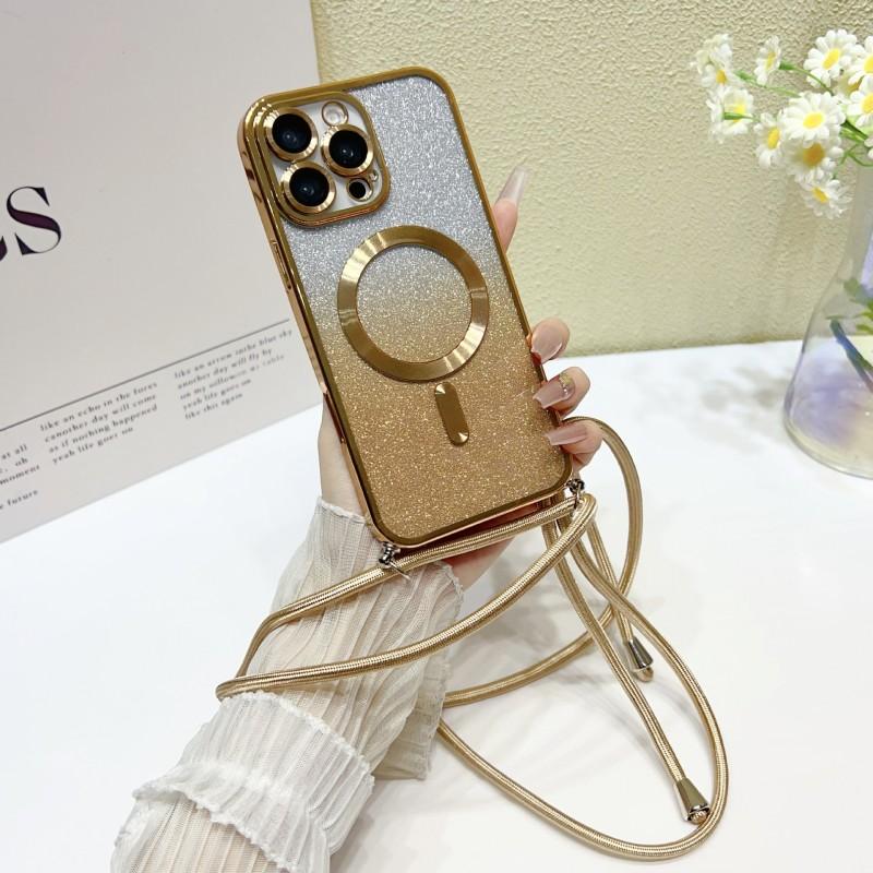 Strap Magnetic Case For Samsung S25 Ultra Galaxy S24 FE S21 S26 S22 S23 Plus A56 WirelessGlitter Plating Crossbody Lanyard Cover