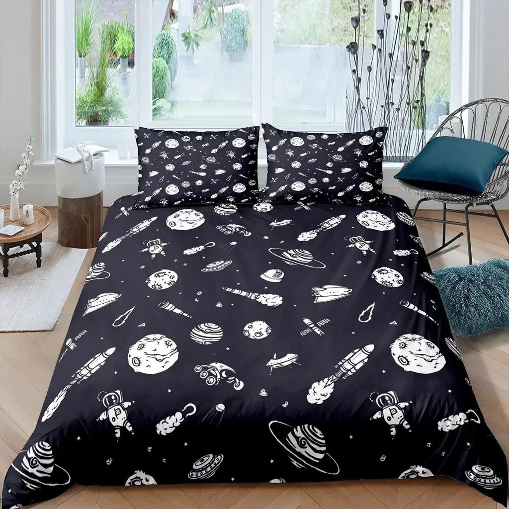 Rocket Duvet Cover Set King Size Spaceship Bedding Set Twin Microfiber Outer Space Galaxy Stars Planet Cartoon Style Quilt Cover
