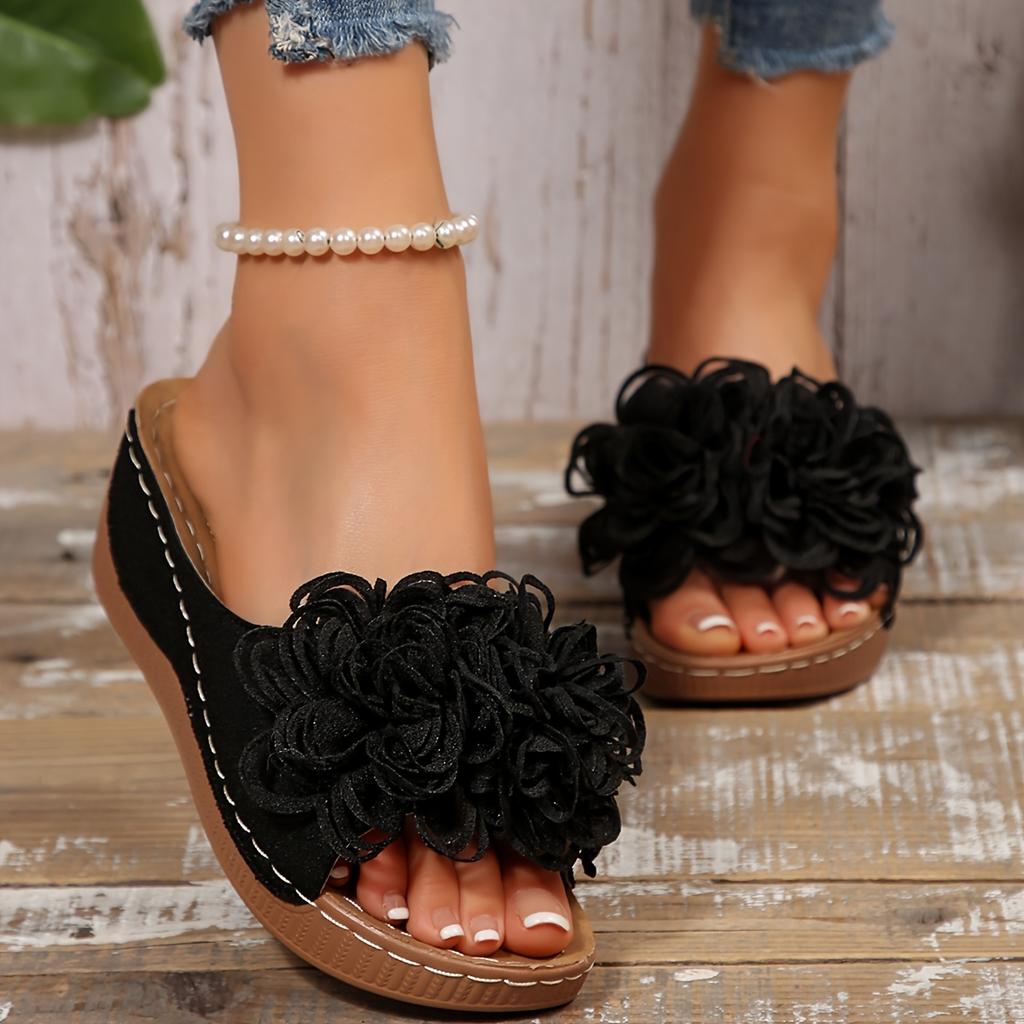 Elegant Wedge Sandals for Women Classic Style with Large Floral Decorations Suitable for Formal Occasions and Slip-on Design with Strappy Back