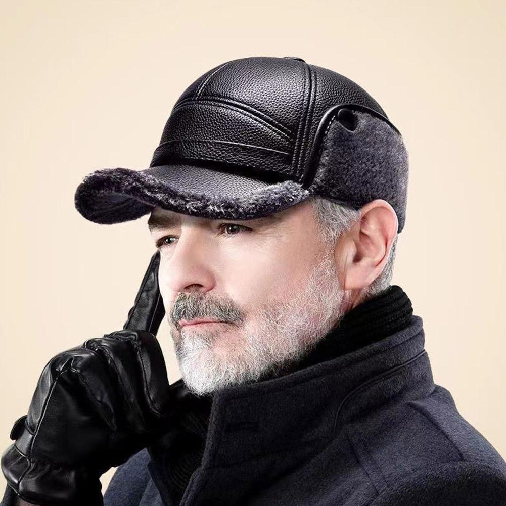 Autumn Winter Hat For Men Outdoor Thick PU Leather Warm Adjustable Earmuffs Baseball Cap Bomber Thick Fleece Lined Hats