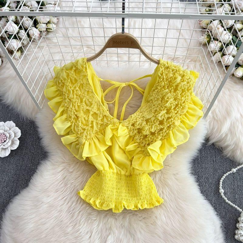 

V-neck Ruffled Sleeve Ruched Western Style Top Chiffon Shirt Yellow One size