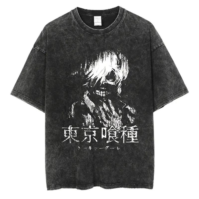 Vintage Spierana Koszulka Anime Tokyo Ghoul Kaneki Ken Centipede Kagune Męska Harajuku Gotycka Streetwear Luźna Krótki Rękaw