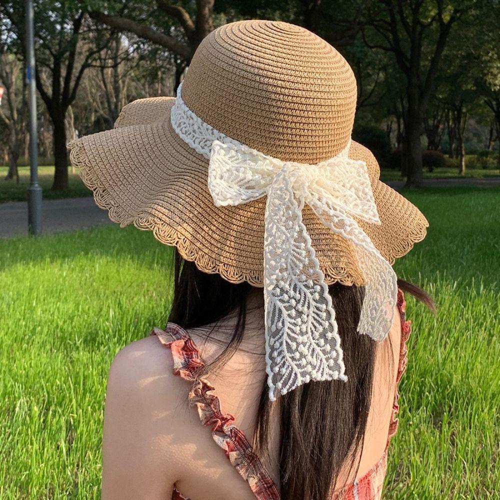 French Style Lace Bow Straw Hat Big Brim Women's Sun Hat Elegant Beach Straw Hat  Girls