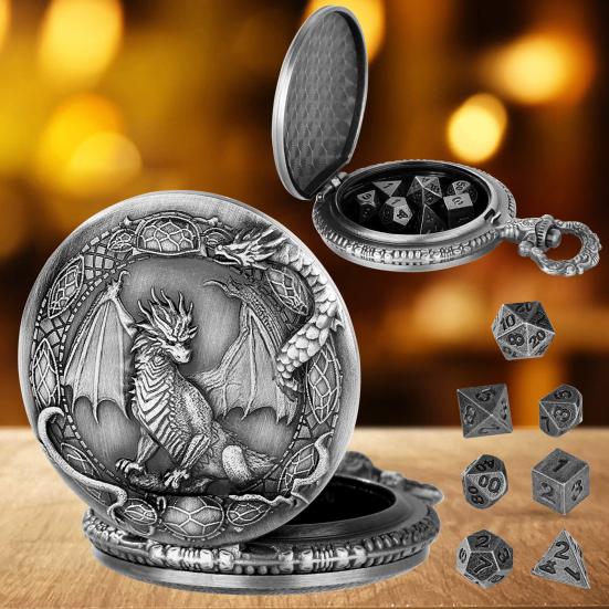 Metal Dice Set with Dragon Pocket Watch Case 7 Dices Portable Vintage Multi-side Game Dice Family Night Party Board Game