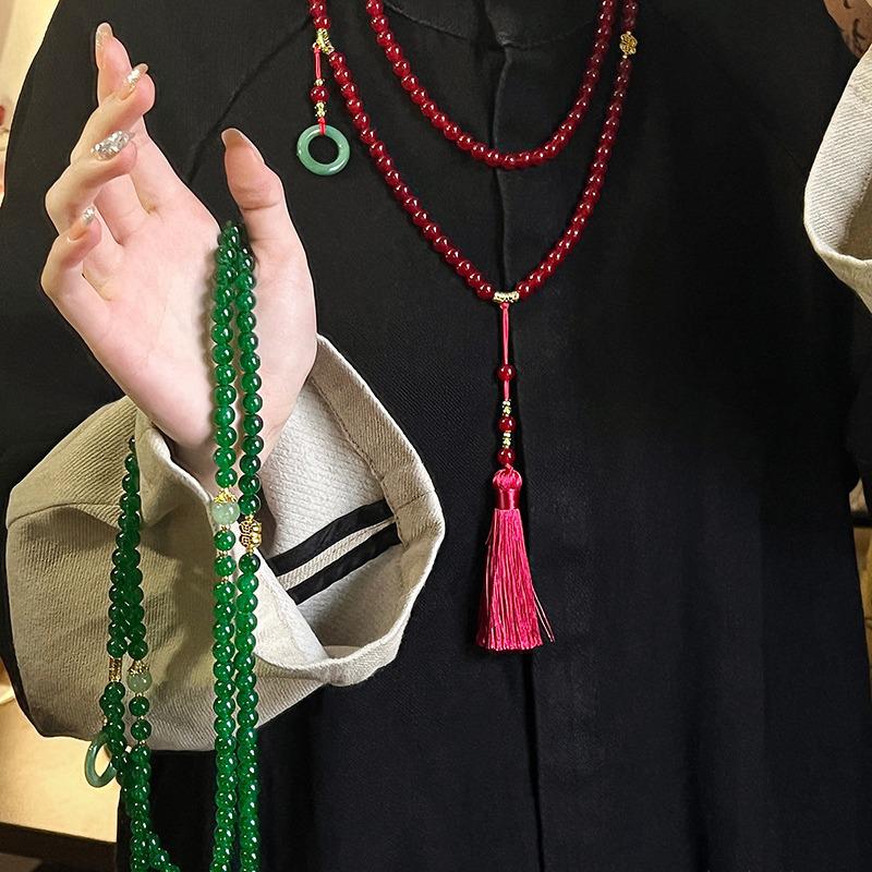 108-Bead Green Tassel Necklace - Long Chinese-Style Sweater Chain Accessory