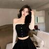ZS4777 Black Light Luxury Sexy One-Shoulder Bandeau Top - Women's Elegant, Age-Defying Long Sleeve Style