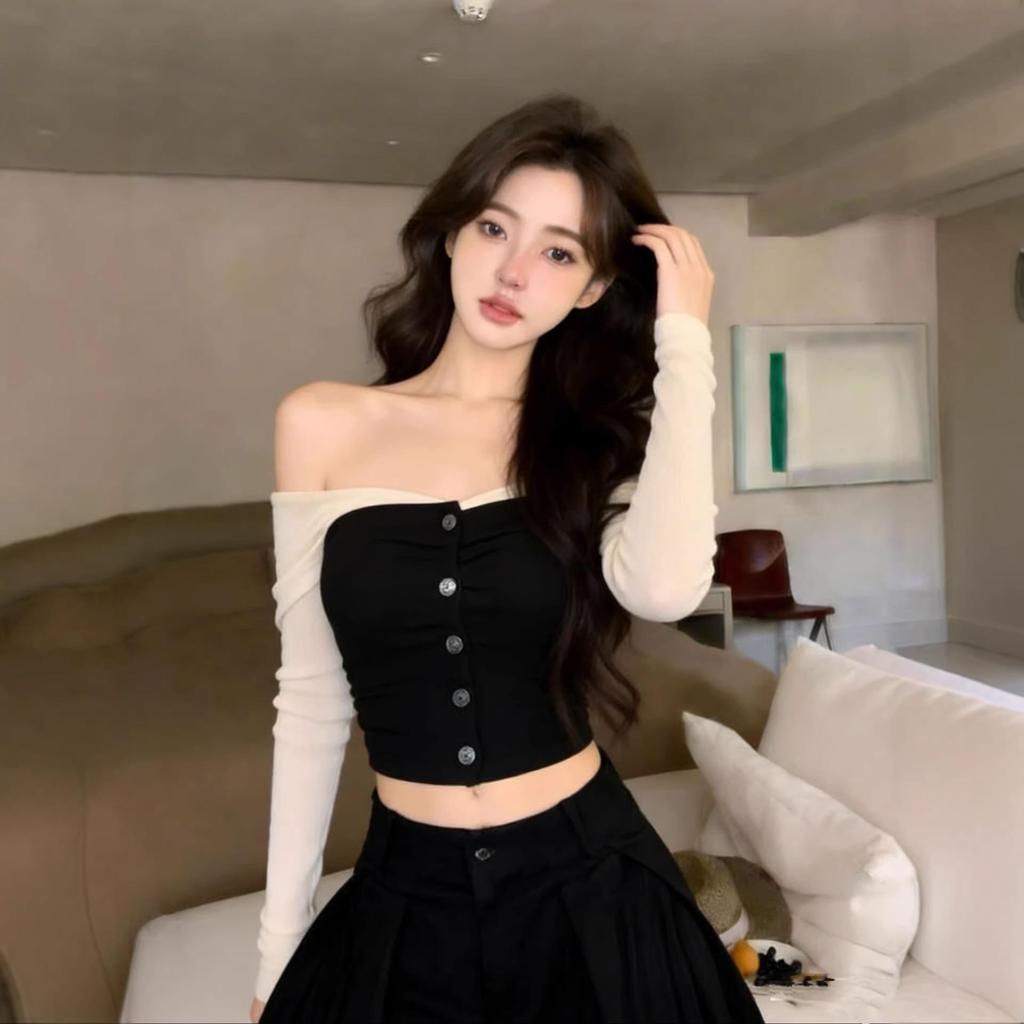 ZS4777 Black Light Luxury Sexy One-Shoulder Bandeau Top - Women's Elegant, Age-Defying Long Sleeve Style