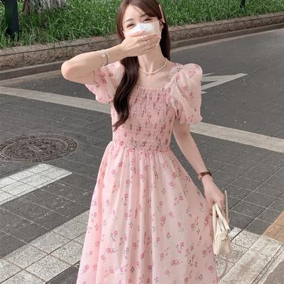 Women's French Floral Puff Sleeve Square Neck A-Line Midi Dress - Summer 2026