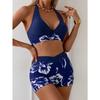 Vintage Navy Floral Print Bikini Set 2026 Women Push Up Bra High Waist Swimsuit Summer Bathing Suit Holiday Two Piece Swimwear