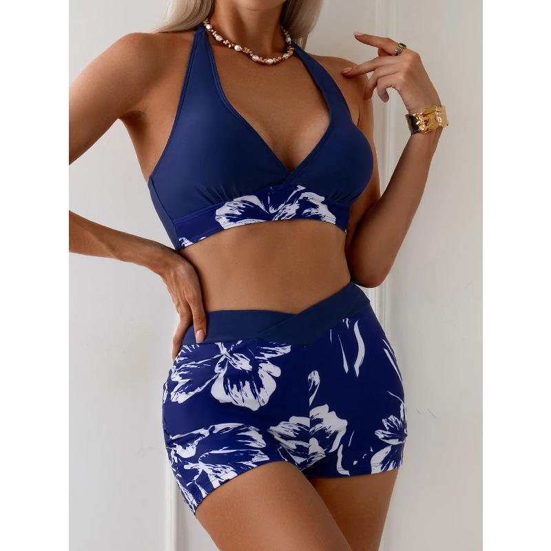 Vintage Navy Floral Print Bikini Set 2026 Women Push Up Bra High Waist Swimsuit Summer Bathing Suit Holiday Two Piece Swimwear