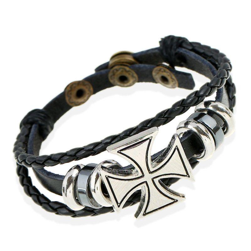 Soul Collision Soulcollision European and American Punk Style Leather Bracelet Hand-Woven Cross Bracelet Black