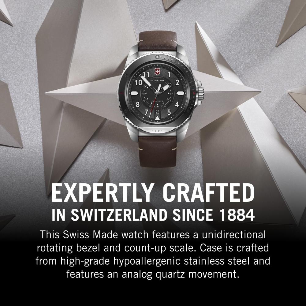 VICTORINOX JOURNEY 1884 Watch Men's Stainless Steel Case (316L) Black Dial Brown Leather Strap Comes with Replacement Rubber Strap Quartz Waterproof A