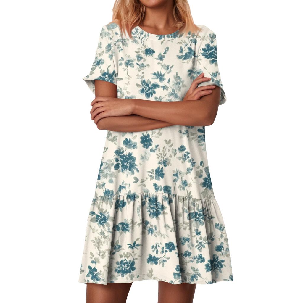 Women's Fashion Casual Round Neck Short Sleeve Ruffled Vintage Printed Dresses