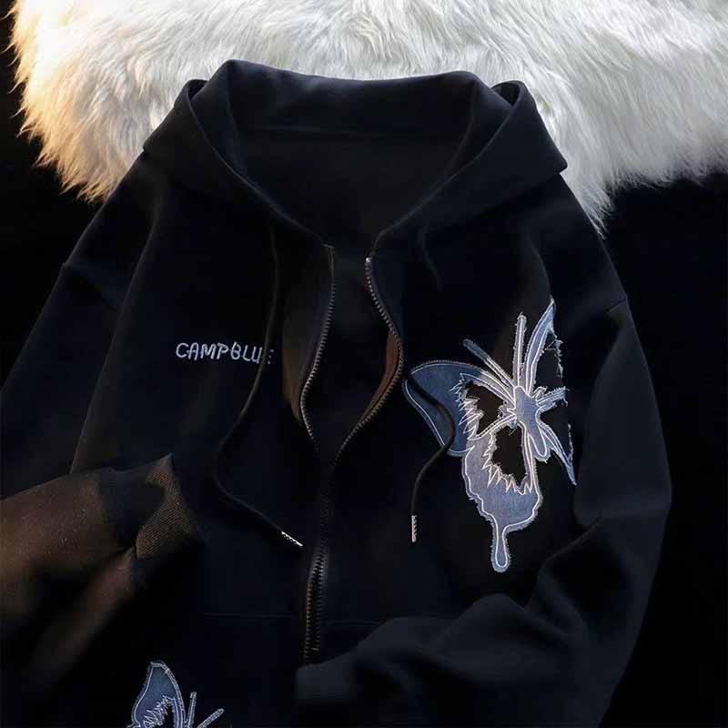 Coat for Women Cotton Casual Oversize Butterfly Zipper Outer Long Sleeve Hooded Sweatshirt Jacket