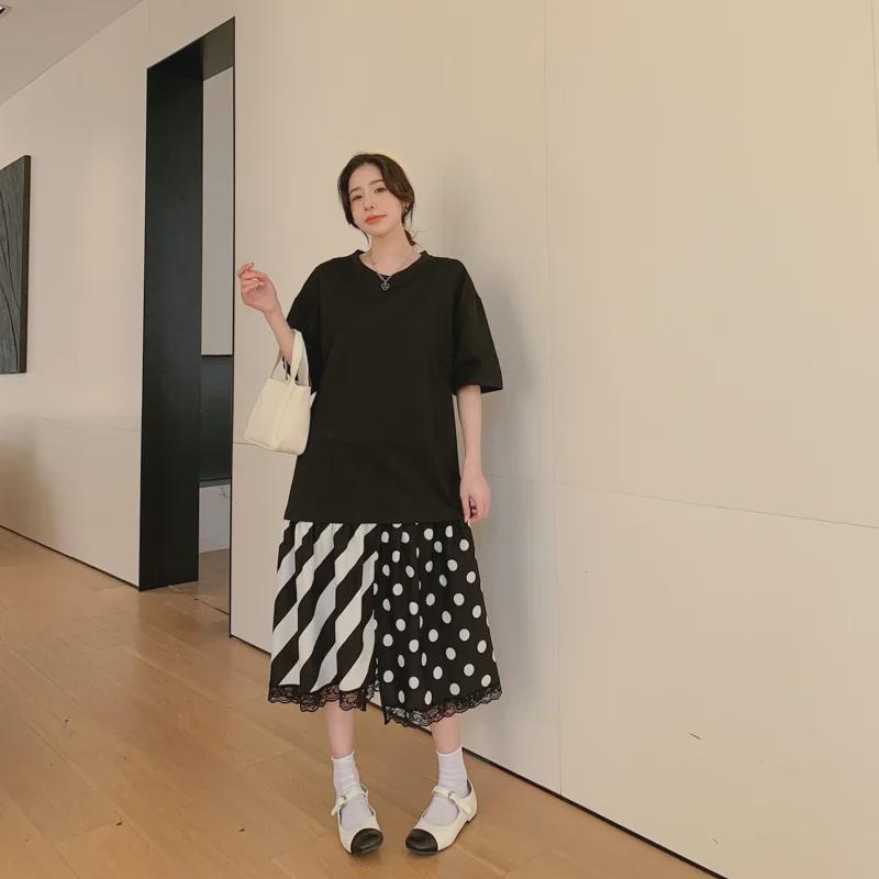 

Summer 2023 Korean Style Patchwork Polka Dot Lace Mid-Length Dress XL чорний