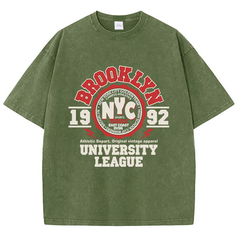 

Casual Womens Acid Wash T-Shirts Brooklyn University League Printing Tees Distressed Oversize Cotton Short Sleeve Clothes 3XL