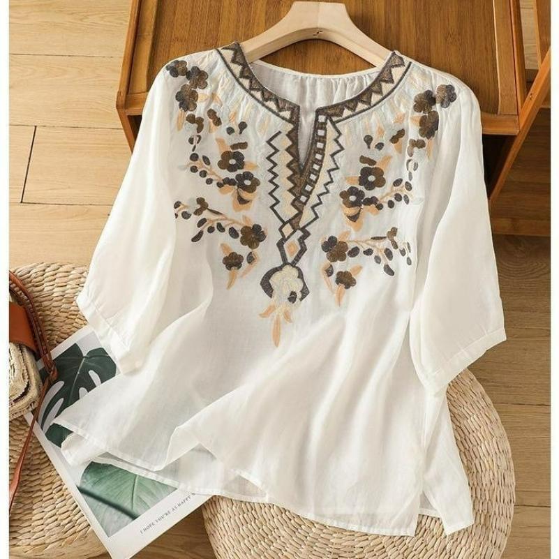 Ethnic Embroidered Cotton and Linen Shirt, Western Style Casual Summer Pullover, Loose Literary Blouse