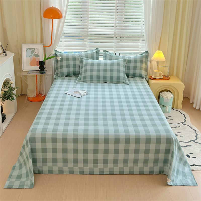 Green Check Raw Cotton Bed Sheets For Double Bed All Seasons Bed Cover Full Set Queen/King Size Flat Top Sheets No Pillowcase