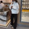 Womens Oversized High-Neck Fleece Pullover Sweater With Half Button Detail Loose Fit Long Sleeve Top Winter