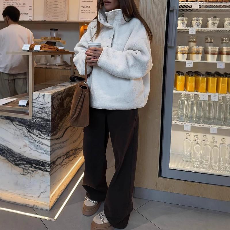 Womens Oversized High-Neck Fleece Pullover Sweater With Half Button Detail Loose Fit Long Sleeve Top Winter