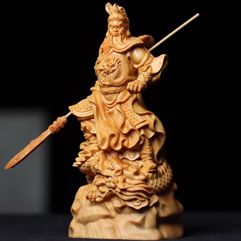 Natural Cypress  Nine Dragons Guan Gong Statue Wealth God Guan Gong  Chinese style home, room, office, and character decorations