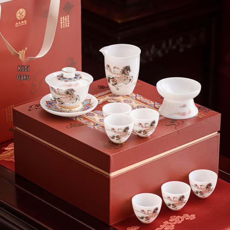 Dunhuang Aesthetics Ice Jade Porcelain Gaiwan Kung Fu Tea Set