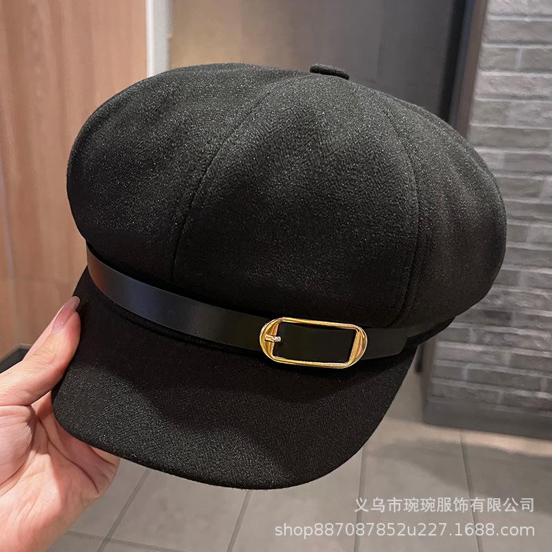Autumn and winter new simple belt buckle octagonal hat children's outdoor woolen warm newsboy hat British painter hat