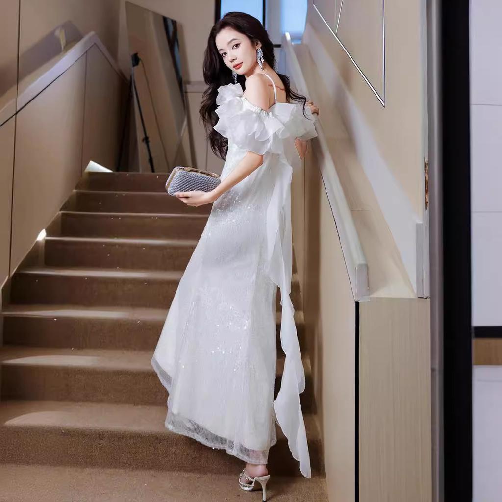 Sequined Evening Dress Skirt One-word Shoulder Fairy High-end Light Luxury Niche Host Banquet Adult Ceremony Dress