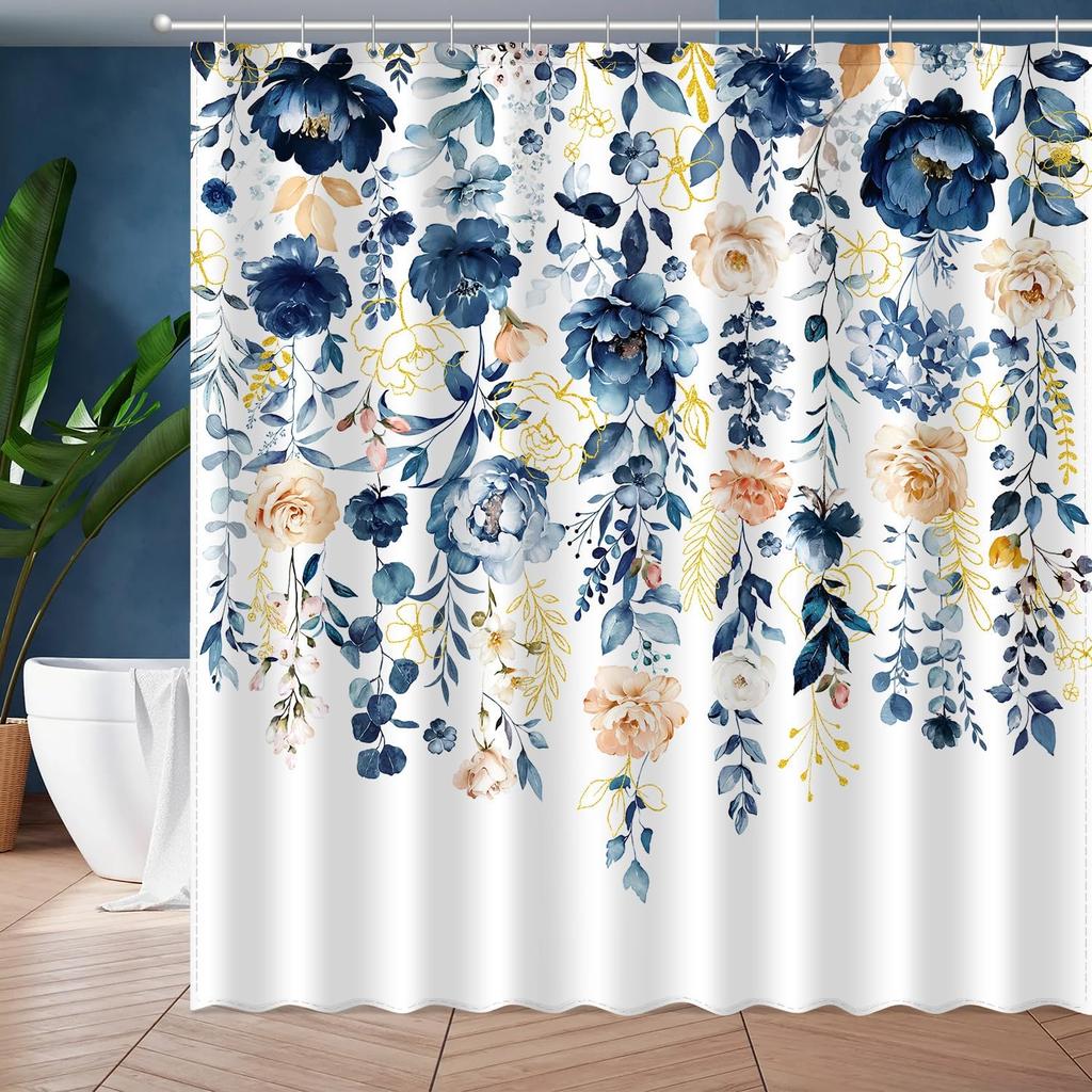 Aquarell Rose Blumig Blatt Duschvorhang, Blume Botanisch Blätter Modern Ästhetisch Kunst Badezimmer Dekor, Polyester Stoff Bad