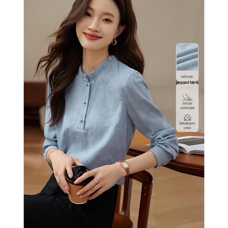 Women s Cotton Jacquard Ruffle Trim Stand Collar Long Sleeve Blouse M