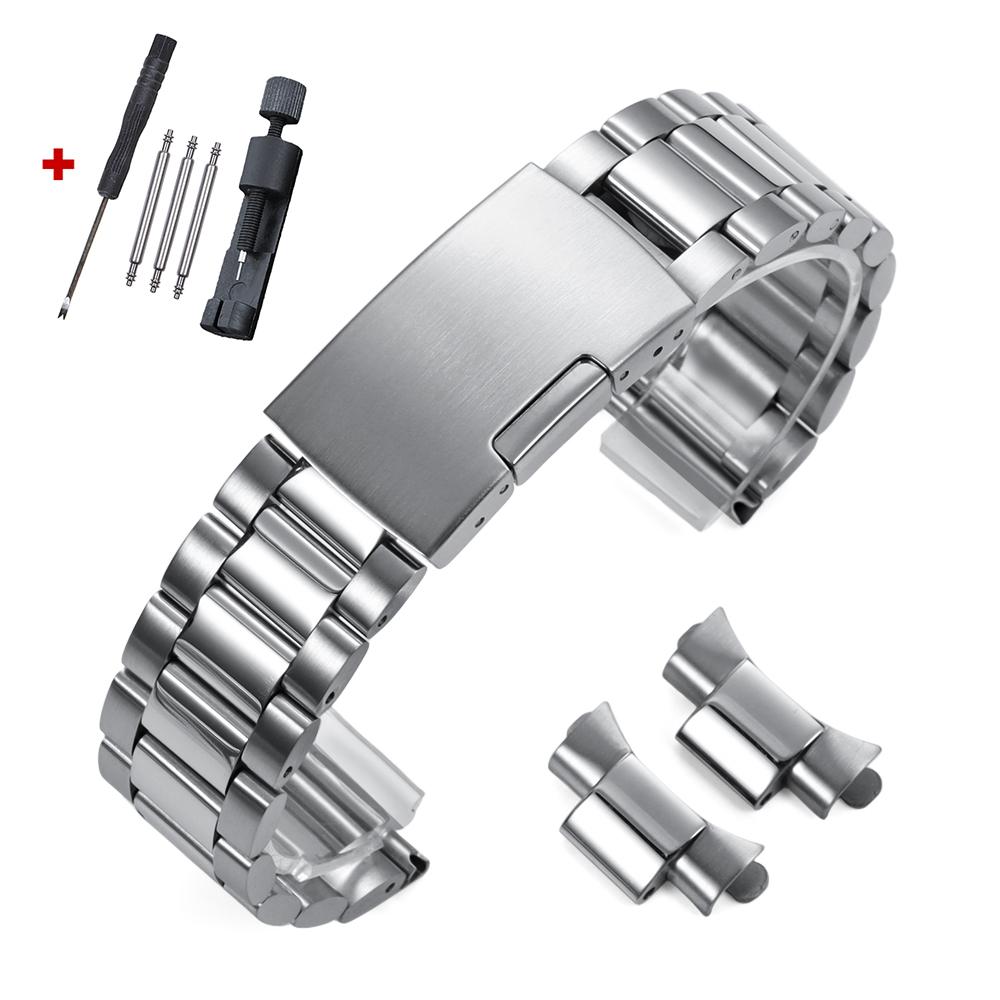 Luxury Arc Flat End Solid Stainless Steel Watchband Black Silver Folding Clasp Strap 18mm 20mm 22mm Universal Watch Bracelets