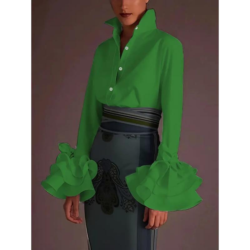 Women Solid Color Regular Fit Long Sleeve Turn Down Collar Casual Blouse Top