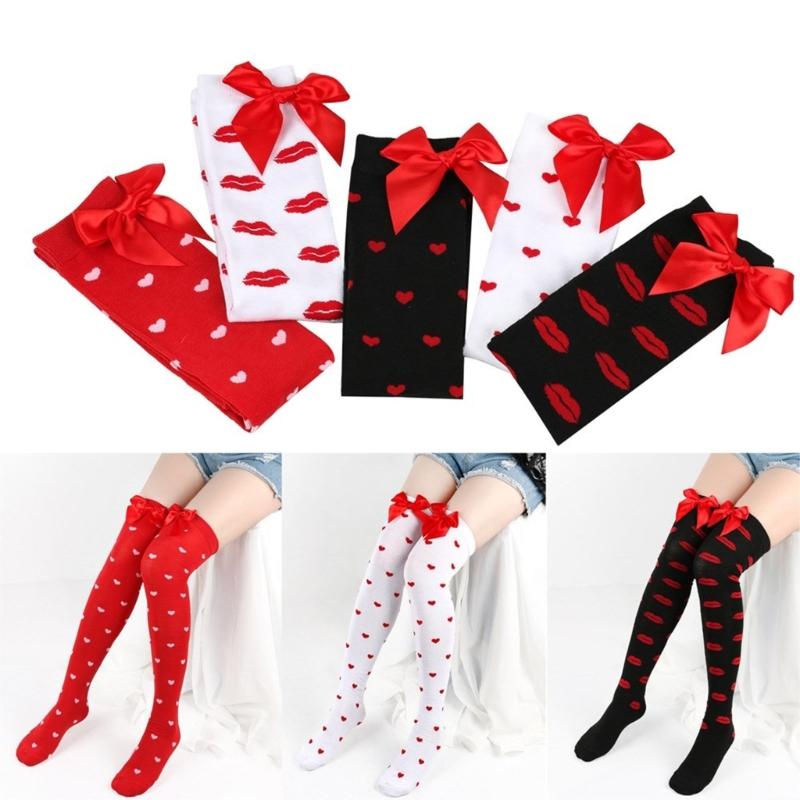 Valentines Day Over Knee Long Socks Cute Bowknots Lip Heart Pattern Thigh High Stockings for Women Parties Casual Wear