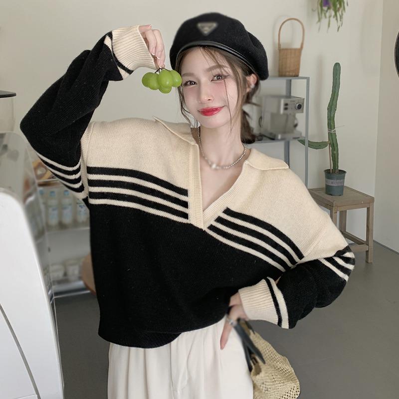 

Винтажный свитер с отложным воротником, женские вязаные пуловеры в полоску контрастного цвета One Size