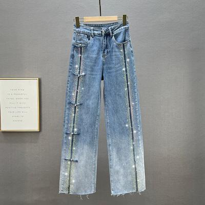 Strass-Jeans für Damen, weite Hose, Frühling, hohe Taille, lockere und schlankmachende Mop-Hose, modische Hose
