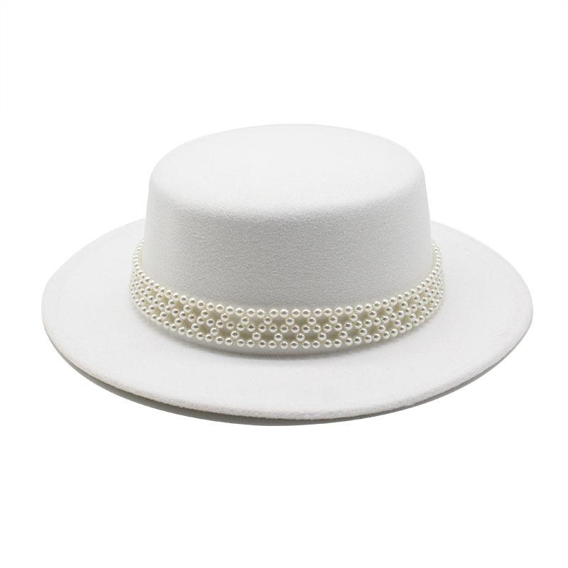 French Top Hat British Retro Pearl White Wool Woolen Celebrity Girl Xiaoxiang Style Big Brim Flat Top Hat