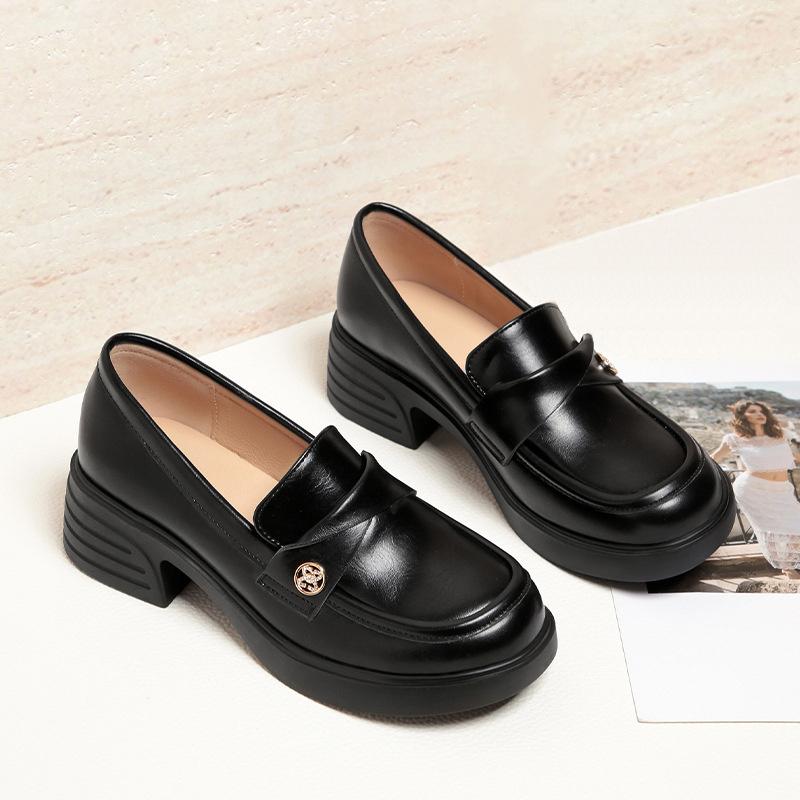 New Spring Autumn Leather Shoes British Style Love New Thick Heel Retro Single Shoes One-Part Women's Shoes Comfortable Fashion