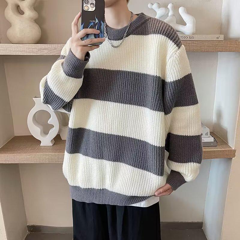 Sweater men's autumn and winter warm loose primer thread jacket American casual contrasting color trendy brand striped crew neck knitted sweater